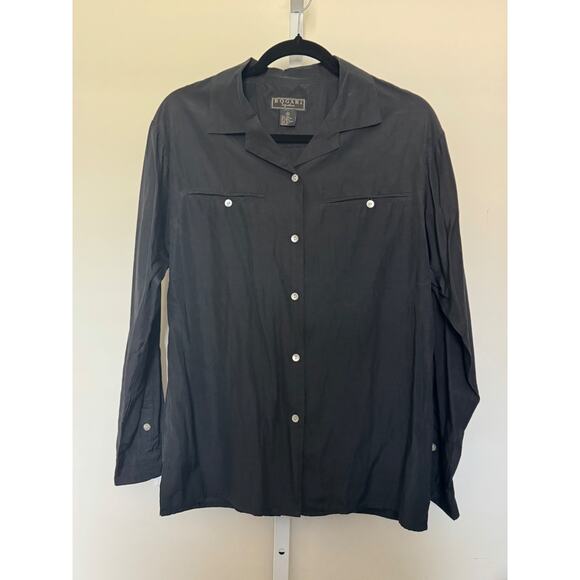 VTG Bogari Silk Blend Button Down Shirt Womens M Black Tailored Classic - Picture 1 of 5
